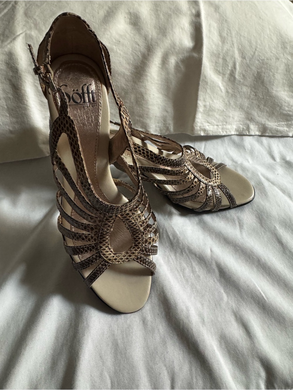 Söfft Leather Strappy Heels Snake Print Bronze Metallic Size 7.5M
